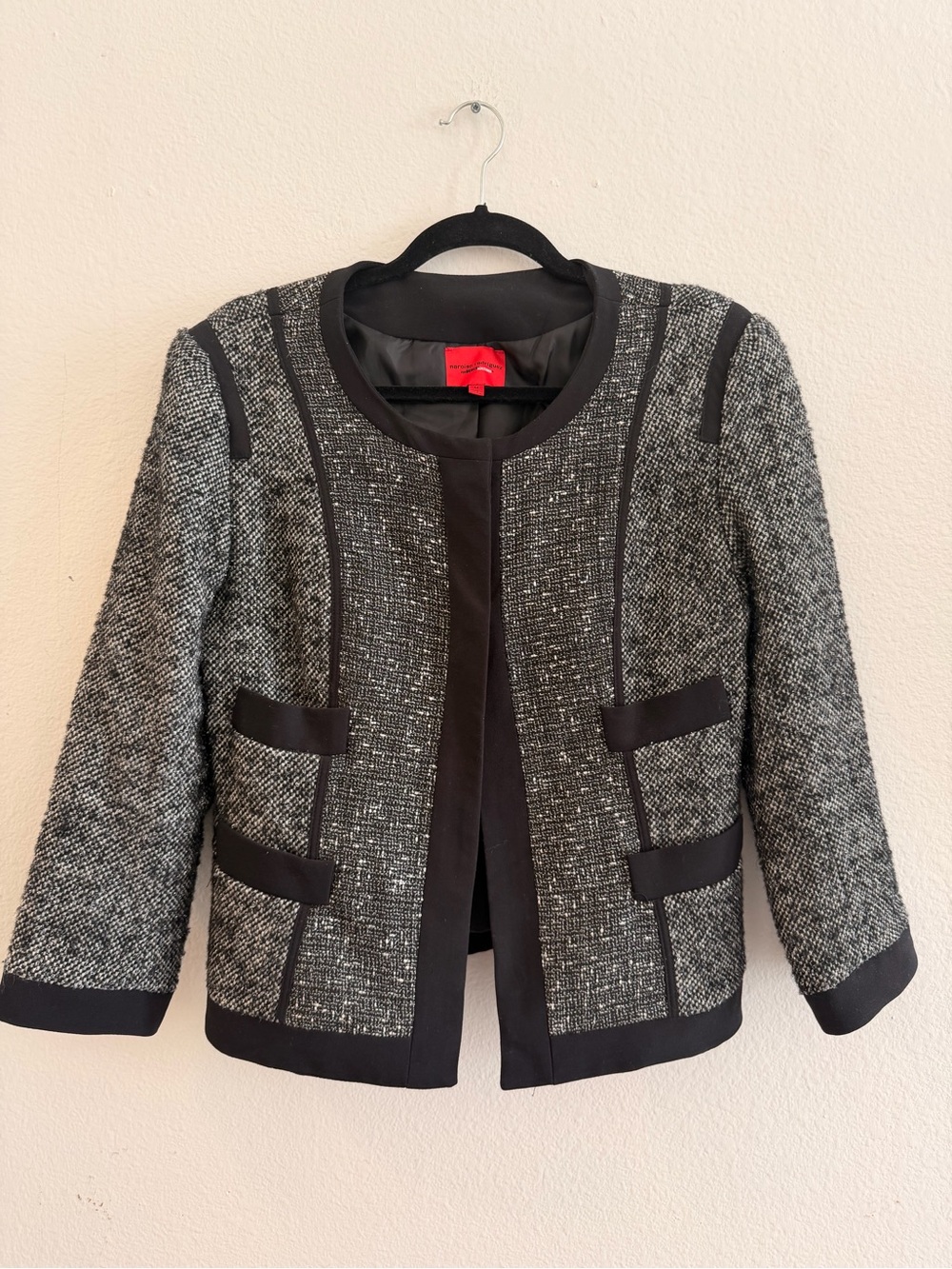 Narciso Rodriguez Black and Gray Tweed Collarless Blazer